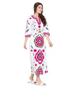 100% ผ้าฝ้ายฮิปปี้ Suzani ปักชุดแม็กซี่สำหรับสาวขายส่งที่มีคุณภาพสูงในช่วงฤดูร้อนผู้หญิงที่มีสไตล์พรรคชายหาดชุด