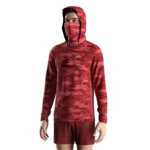 Men's Red Camouflage Hooded <b>Long</b> <b>Sleeve</b> Fishing Shirt UPF 50 Quick Dry Polyester Pullover <b>Top</b> - Product Image 2