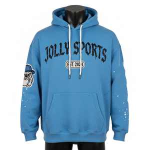 เสื้อฮู้ดผู้ชายผ้าคอตตอนผสมขนแกะหนานุ่ม 320 GSM สีน้ำเงิน สไตล์สตรีทแวร์ พิมพ์ลายพัฟฟ์ ปักโลโก้ เสื้อฮู้ดพื้นฐาน - Product Image 1