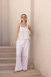 Conjunto conjunto de 2 piezas Western White Hakuba Osian para mujer, pantalón y Top bordados sin cuello con diseño de verano - Product Image 2