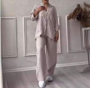 2026 European and American <b>Women's</b> Casual Solid Color <b>Shirt</b> Drawstring Wide Leg Pants Set - Product Image 4