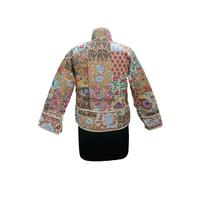 Blouson Bomber Femme en Coton Tissé Imprimé Respirant avec Broderie Frontale, Col Rond Hiver, Motif Floral Matelassé Suzani et Boutons