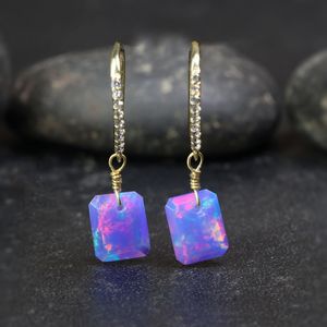 Lavender Multifire <b>Opal</b> Gemstone Dangle <b>Earrings</b> Octagon Cut Natural Fire <b>Opal</b> Delicate Birthstone Jewelry 925 Silver 14K Gold - Product Image 5