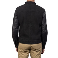Veste Bomber Varsity Noire pour Homme, Manches en Cuir, Col en V, Fermeture Éclair sur le Devant, Fabrication Personnalisée en Gros par l'Usine
