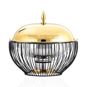 Réchaud rond en acier inoxydable à couvercle plaqué or à base de fil noir de luxe pour des solutions de service, de décoration et de stockage de nourriture élégantes - Product Image 1