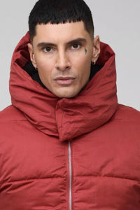 Best Quality Men's Tall Puffer Jacket <b>Funnel</b> Neck Hood for Rust Windbreaker Warm Winter Quilted Bubble Canvas Fabric Fur - Product Image 2