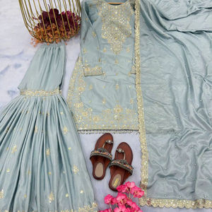 Bollywood Designer Heavy Top-Sharara Collection Chinon Telas con bordado Lentejuelas Trabajo para mujeres Ropa de fiesta - Product Image 1