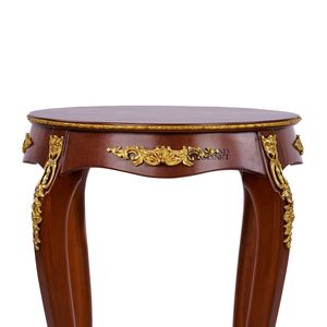 Mesa Auxiliar Redonda de Dos Niveles de Caoba de Lujo con Incrustaciones Florales y Detalles Ornamentales de Latón Dorado para Decoración Clásica del Hogar - Product Image 3