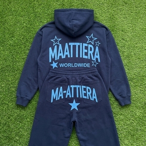 Conjunto Deportivo de Dos Piezas para Mujer, Sudadera con Capucha de Felpa Azul Marino, Pantalones Anchos con Estampado Gráfico, Ropa Casual de Calle - Product Image 5