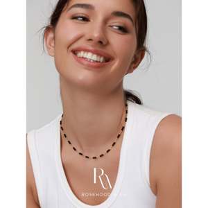 Collana con Ciondolo Celestiale in Oro Inossidabile con Catena di Perline Nere, Collane di Perline con Spinello Nero e Onice, Accessorio di Moda - Product Image 1