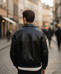 Blouson Bomber Vintage Homme Marron en Cuir Véritable Tressé avec Col Montant, Logo Frontal, Respirant, Coupe-Vent, Poches Zippées, Hiver - Product Image 5