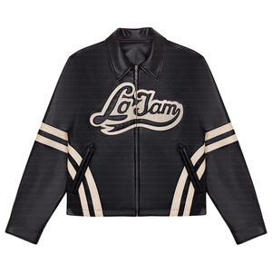 Chaquetas de cuero PU a prueba de viento con cuello levantado y capucha Retro Vintage High Street con logotipo bordado con cremallera a la moda personalizada para hombres - Product Image 3