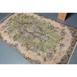Turkish Vintage Rug, 4.1x7.1 ft Rug, <b>Brown</b> Green Plants & trees <b>Wool</b> Rug - Product Image 4
