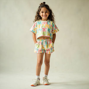 Ensemble 2 pièces streetwear pour femme - Hauts courts et shorts en tricot avec motifs graphiques basiques à lettres et motifs de personnages pour enfants - Product Image 1