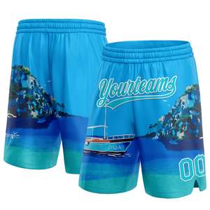 Shorts personnalisés bleu clair lacs bleu-blanc motif 3D Hawaii Beach Island et Ship Basketball Shorts Sportswear ommiz industrie - Product Image 1