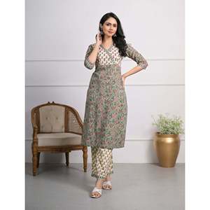Green Cotton <b>Block</b> <b>Printed</b> Salwar Kameez Pant Set of 2 Elegant <b>Printed</b> Cotton Clothing - Product Image 4