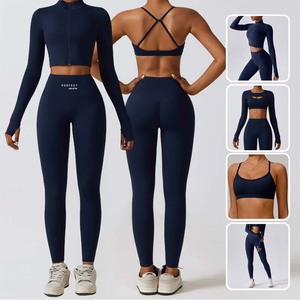 Perfect Industry Women 3 Piece Yoga Set Purple <b>Long</b> Sleeve Crop Top High Waist Leggings Cut-Out Design Seamless Spandex Set - Product Image 3