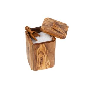 Boîte à sel carrée en bois d'olivier avec couvercle et cuillère, boîte à épices de cuisine, pot de rangement artisanal pour sucre et épices, récipients décoratifs pour le garde-manger - Product Image 1