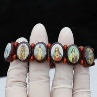 Bracelet personnalisable en bois extensible avec breloque catholique, design croix plaqué argent antique, perles de chapelet colorées