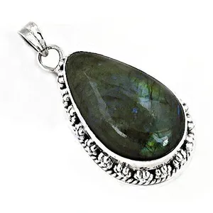 Pendentif goutte d'eau en argent 925 plaqué argent avec labradorite naturelle, serti clos, style bohème classique, unisexe, pour usage quotidien, cadeau - Product Image 1