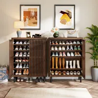 Meuble à chaussures 6 niveaux en noyer foncé OEM ODM avec portes à persiennes, grand meuble de rangement en bois pour chaussures avec étagères réglables