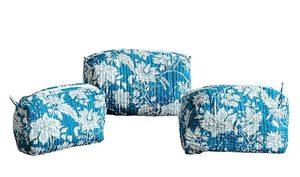 Turquoise Unisex Eco-Friendly Cotton Block Printed Quilted Travel Case 3 Piece <b>Set</b> Waterproof Vintage Cosmetic Bags for Bag - Product Image 4