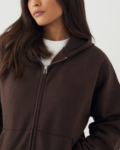 Sudadera con Capucha de Alta Calidad para Mujer, Color Marrón Sólido, Lavado Ácido, Cierre Frontal Completo, Logotipo Personalizado, Diseño Propio, Invierno, Bordado 3D Impreso - Product Image 4