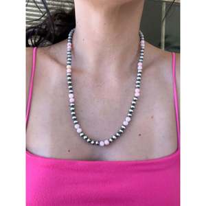 Collar de Perlas Navajo Bohemio Religioso en Forma de Bola de 6 MM, Acero Inoxidable con Plata de Ley y Coral Rosa para Regalo de Boda - Product Image 2