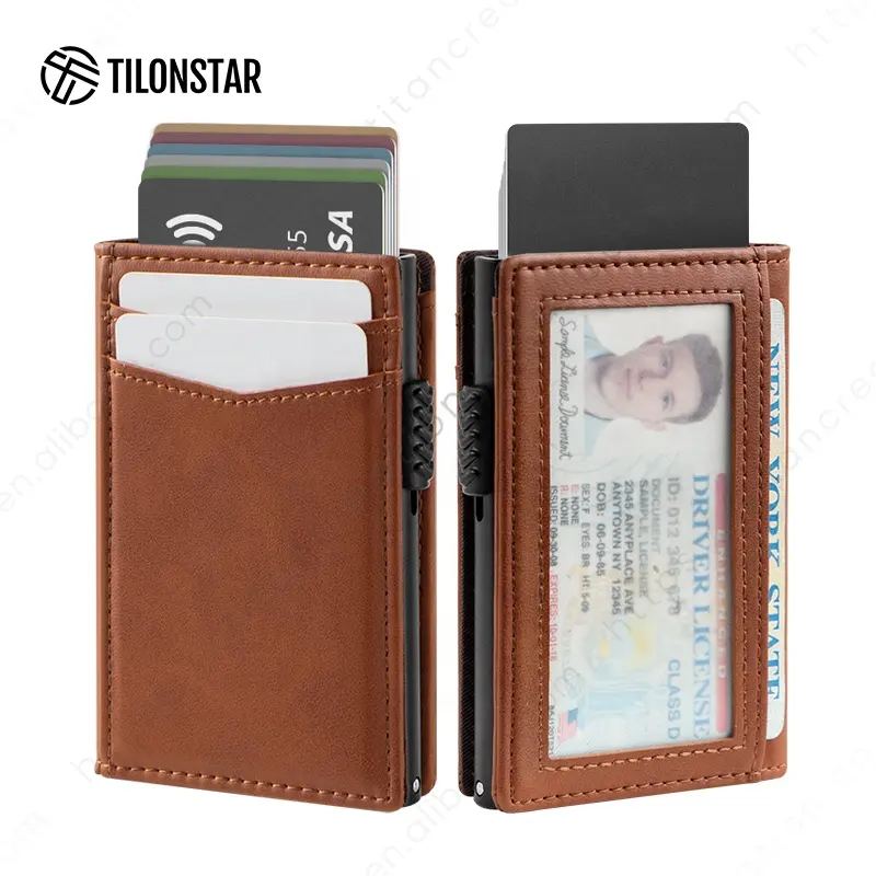TILONSTAR TVC329 Pop Up Rfid Card Holder With Id Windows Slim Leather Aluminum Credit Card Holder Wallet For Men
