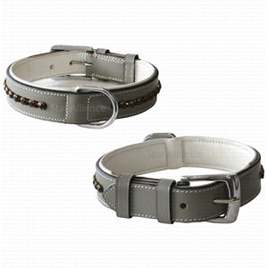 Comfortable Premium Gray Padded Leather Waterproof <b>Dog</b> <b>Collar</b> All Seasons Custom Size <b>with</b> Bronze Studs and Chrome Hardware - Product Image 1