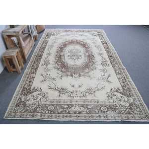 Alfombra Turca, Alfombra Vintage Grande de 5.9x10.1 pies, Alfombra Floral Marrón y Blanca - Product Image 1