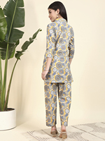 Ensemble haut et pantalon palazzo d'été pour femme en coton tricoté de qualité supérieure, à motif floral, col mandarin, manches trois quarts, haut court et pantalon fendu au genou |