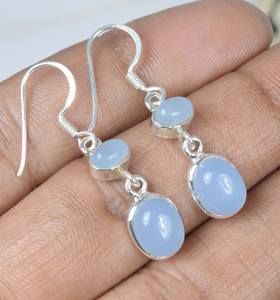 925ทึบแบบมินิมอลสเตอร์ลิงเงินคู่สีฟ้าพลอยคาลซิโดนีทรงรีแบบตะขอเกี่ยว2ชิ้นต่างหูหินสวยงาม - Product Image 3