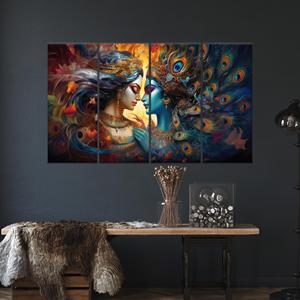 Elegante impresión en lienzo hindú: decoración boho con arte de Radha Krishna, JUEGO DE 4 LIEÑOS - Product Image 1