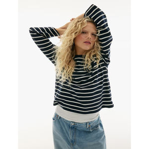 Sweat-shirt à manches longues en coton mélangé rayé pour femme, sweat-shirt sport en jersey tricoté, sweat-shirt à col rond en polaire surdimensionné - Product Image 3