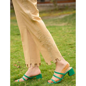 Women's LUNARA Embroidered Cotton Flare Pants High-Waisted Casual Gothic with <b>Elastic</b> Waist Breathable for Summer - Product Image 3