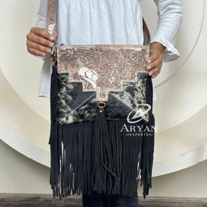 Fashionable Women's Hand Tooled Leather Fringe Crossbody Bag High Quality Genuine Leather Shoulder Bag Luxury Designer Handbags - Product Image 1