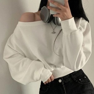 Women's Formal Cropped Fleece Breathable 400g Sweatshirt Printed Embroidered Off-Shoulder Hoodie Loose Streetwear Front - Product Image 1