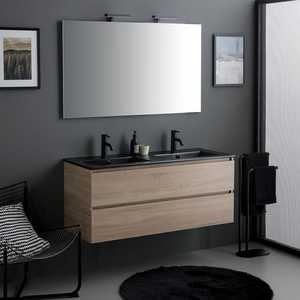 Meuble de salle de bain mural en chêne de 120 cm avec lavabo noir, miroir et ensemble d'éclairage Belize - Product Image 1