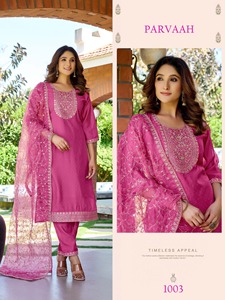 เซ็ตชุดสูท3ชิ้นกางเกง Kurti ผ้าไหมปักลายแบบโรมันหนักสีชมพูดีไซน์ไม่เหมือนใคร - Product Image 4