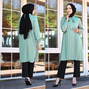 Custom Turkey Muslim Long Sleeve Pleated Chiffon Top Muslim Women Casual Crew Neck Tunic Modest Blouse - Product Image 4
