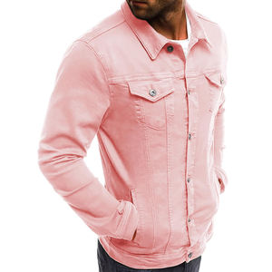 Veste en jean rose clair pour homme, coupe ajustée, boutonnée, en coton, style décontracté, veste de camionneur, vêtement d'extérieur - Product Image 3