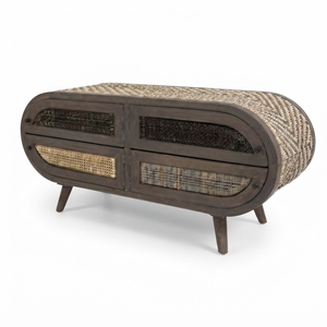 Bone Modern Apartment Nightstand Mahogany Wood Oval Bedroom Bedside Cabinet Handwoven Rattan Doors Premium Storage Organizer - Product Image 1