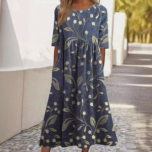Novedad de verano 2025, vestido de mujer: Vestido suelto, informal, elegante y estampado de cuello redondo de gama alta con cintura suelta - Product Image 4