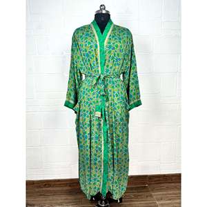 Recycled Vintage Silk Sari <b>Robe</b> Boho Floral Print Dressing Gown <b>Beach</b> Coverup or Bridesmaid Anniversary Gift - Product Image 1