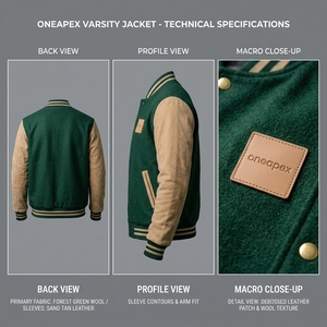 Blouson Bomber Homme Vert Forêt en Laine avec Manches en Cuir Marron, Logo Personnalisé, Col et Poignets en Tricot Côtelé, Fermeture à Boutons Pression, Style Streetwear de Luxe - Product Image 5
