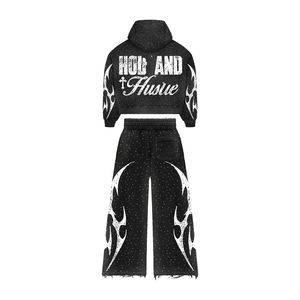 OEM ODM Logo personnalisé Impression en relief sur coton Survêtements pour hommes Impression de survêtement Pantalons cargo évasés et sweat-shirt 2 pièces Ensembles de jogging - Product Image 6