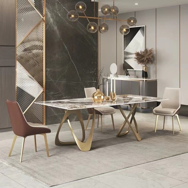 Modern Stainless Steel Luxury Dining Table with Marble Top Rectangle Shape for Farmhouse Apartment Hotel & Park Use