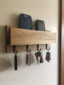 <b>Pine</b> wood wall organizer with a <b>shelf</b>, mail slot, and four hooks. Available at wholesale prices. - Product Image 3