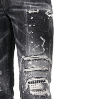 Pantalones Vaqueros de Estilo Único para Hombre, Cosidos a Máquina, Bordado Desgastado Personalizado, Cintura con Botones, Pantalones Vaqueros de Algodón de Punto para Hombre